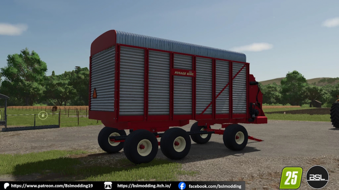 FS25 mod Forage King Forage Box v1.0.0.0 in Farming Simulator 25, showcasing a red trailer for transporting forage.