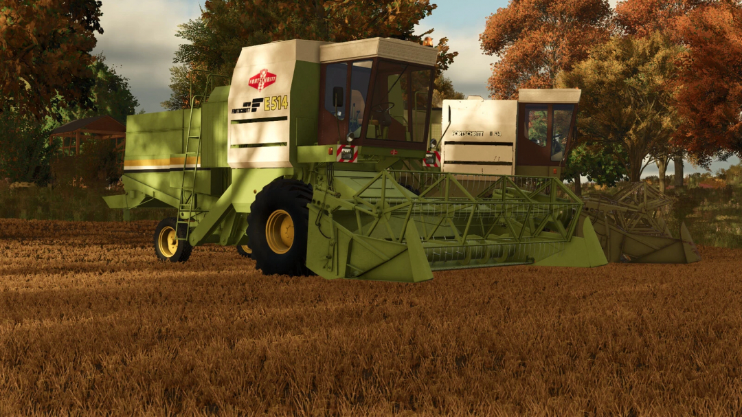 Fortschritt E-512 & E-514 harvesters in a field in FS25 mod, showcasing Farming Simulator 25 mods.