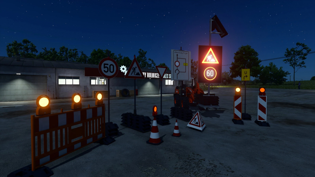 FS25 mods: German Traffic Safety Package with road signs and barriers at night