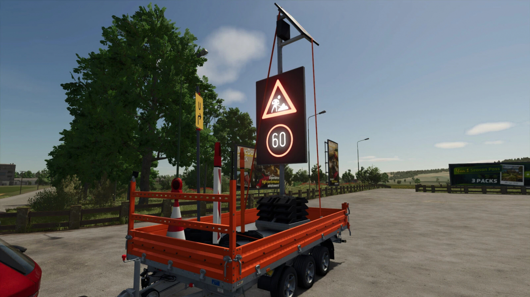 Farming Simulator 25 German Traffic Safety Package mod featuring a speed limit sign and traffic cones.