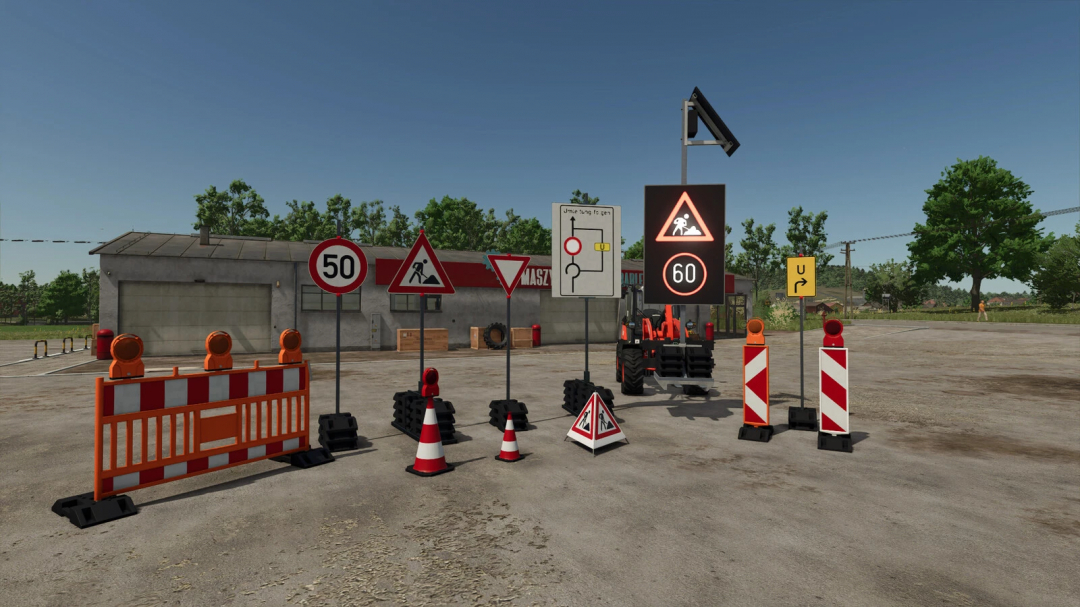 FS25 mod: German Traffic Safety Package features signs and cones for realistic gameplay in Farming Simulator 25.