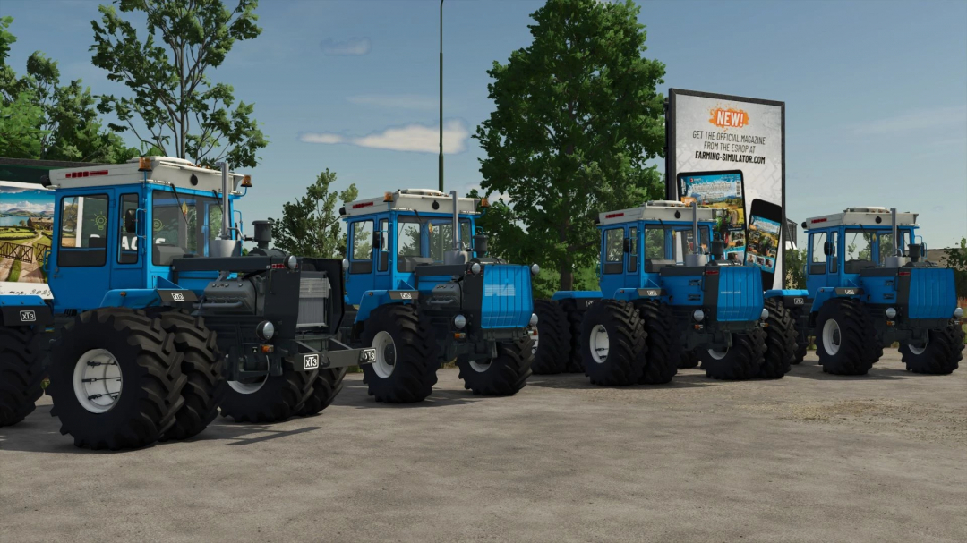 Farming Simulator 25 HTZ-17221 mod featuring blue tractors lined up in a parking lot.