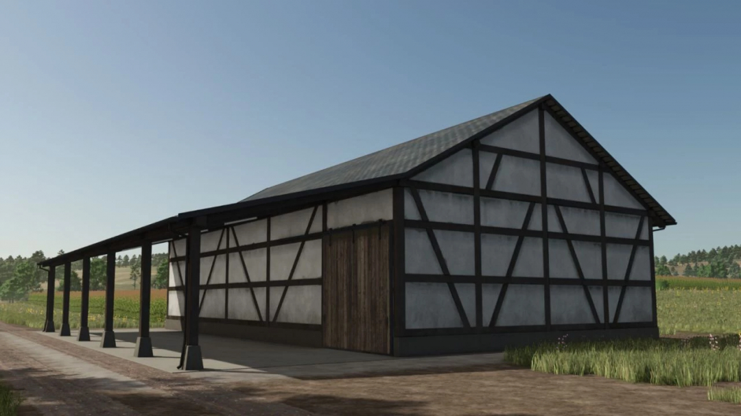 Half-timbered barn in FS25 mod, Farming Simulator 25, version 1.0.0.0 showcasing traditional architecture.