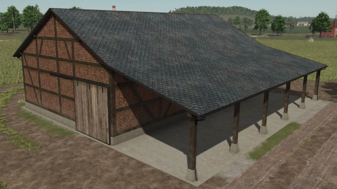 Half timbered barn mod for FS25 features traditional architecture with brick and wood design. Ideal for Farming Simulator 25 gameplay.