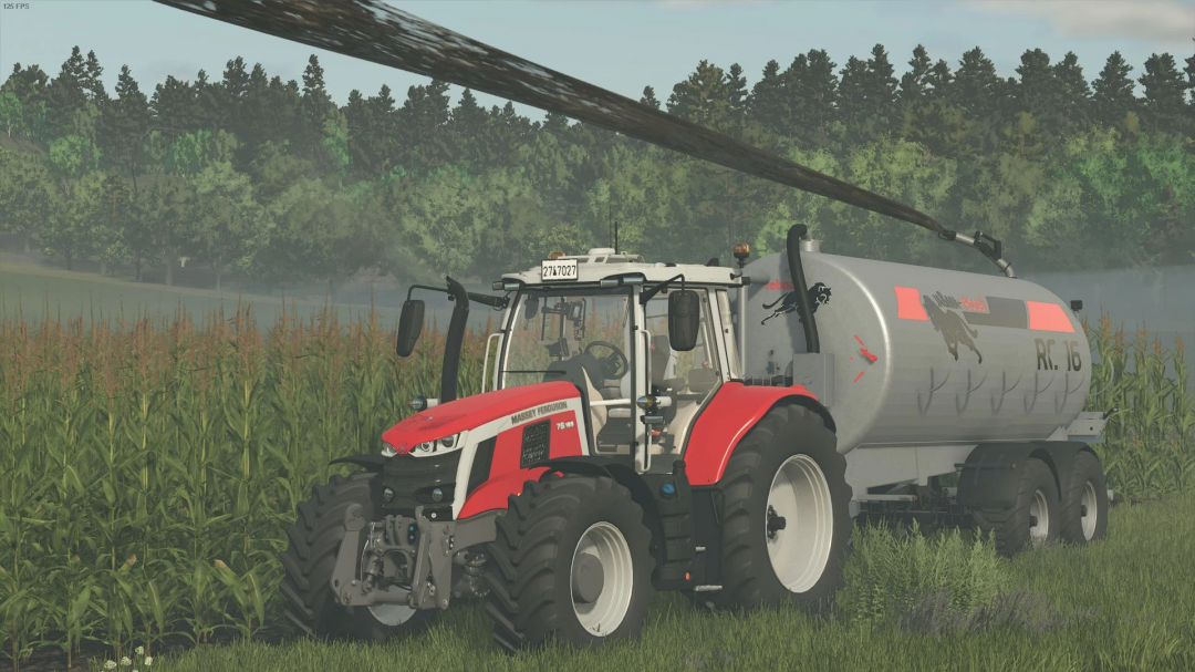 FS25 mod JA&MA Reboal RC-16 v1.0.0.0 showcases a red tractor with a RC-16 trailer in a cornfield.