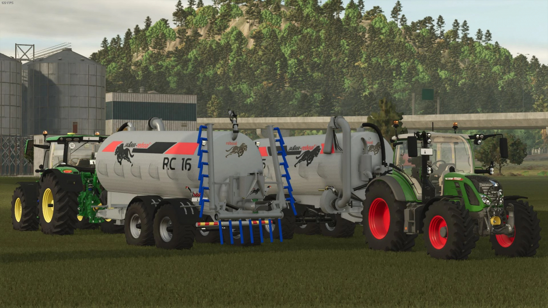 FS25 mod image showing the JA&MA Reboal RC-16 liquid tankers attached to tractors in a farm setting.