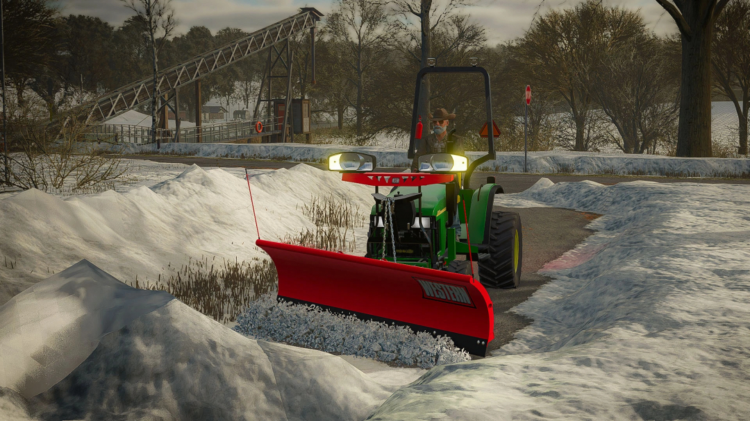 FS25 mod featuring a John Deere 4100 Compact Tractor with a snow plow attachment clearing a snowy path.