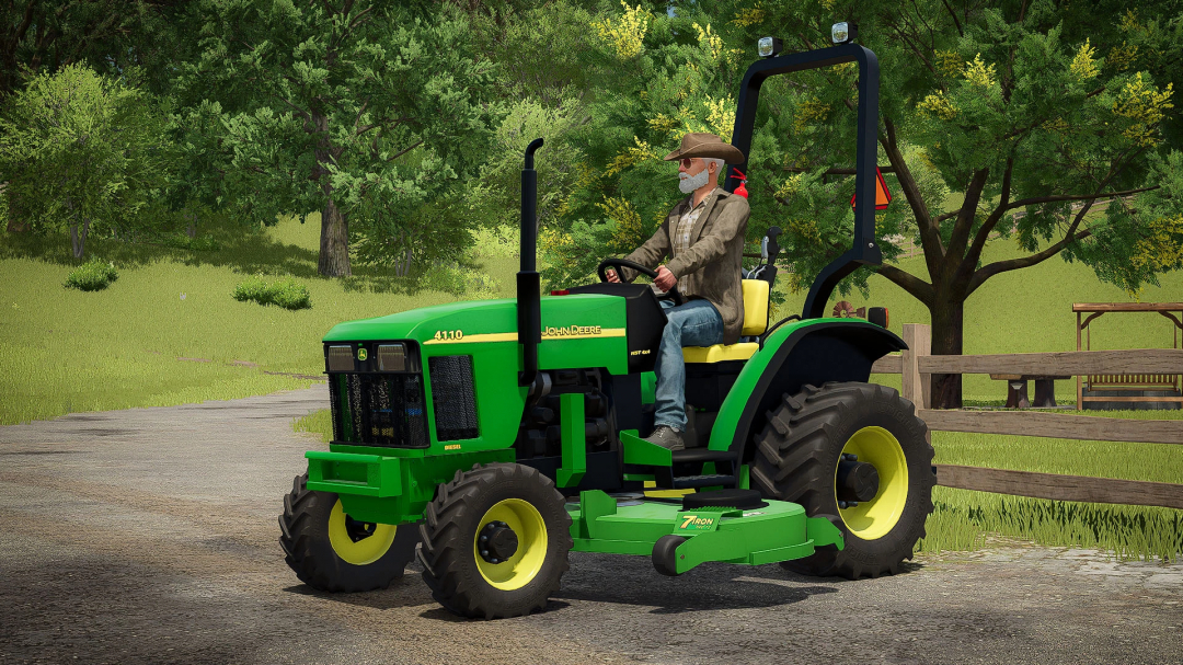 John Deere 4100 Compact Tractor mod in FS25 with farmer driving in scenic landscape.