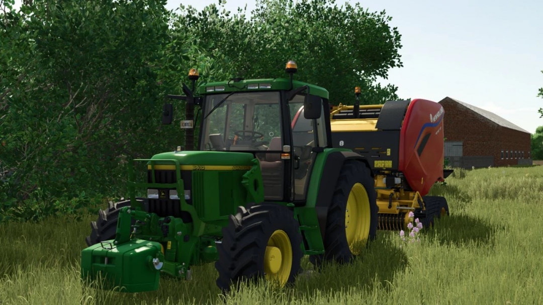 John Deere 6x10 Series tractor in FS25 mod, towing equipment in green field.