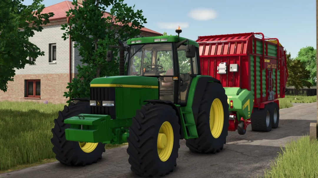 FS25 mod John Deere 6x10 Series v1.0.0.0 showcasing a green tractor with a red trailer on a farm.