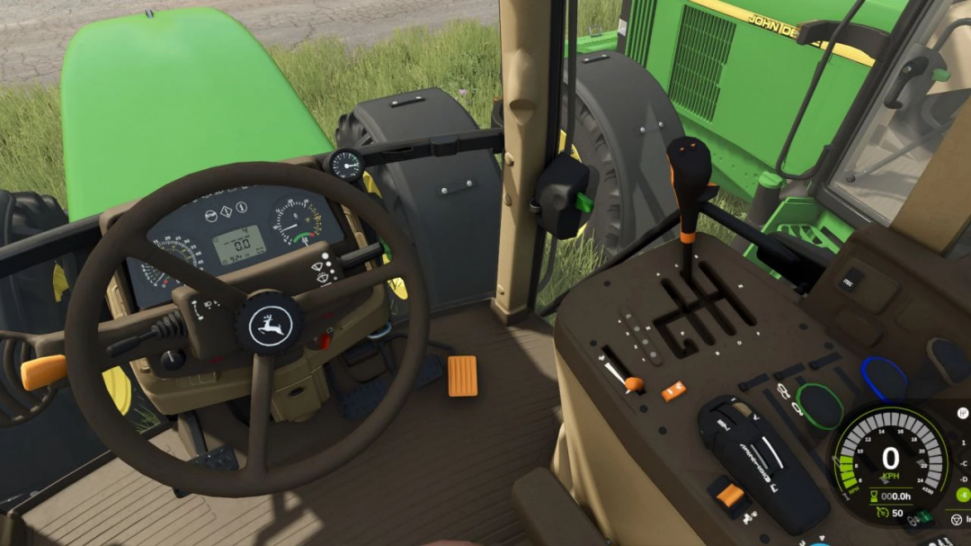 Interior view of John Deere 6x10 Series tractor mod in Farming Simulator 25, showing controls and dashboard.