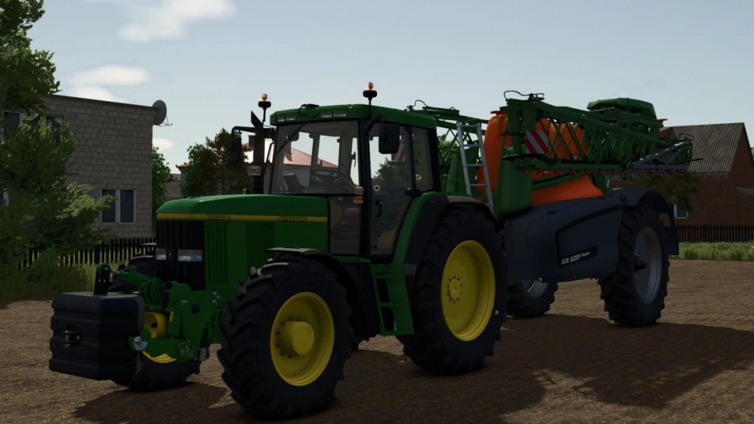 John Deere 6x10 Series mod for FS25, showcasing a green tractor with sprayer attached, in a rural setting.