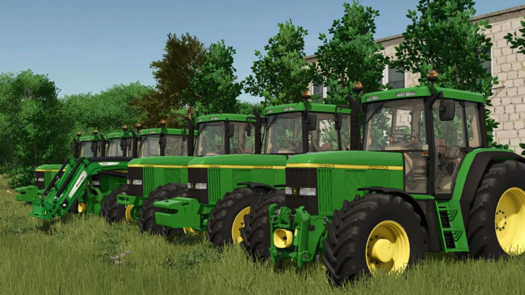 A lineup of John Deere 6x10 Series tractors in Farming Simulator 25 mods. Green tractors are parked on grassy terrain.