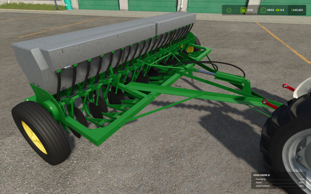 John Deere Van Brunt model B drill mod in FS25, showcasing detailed green and gray machinery.