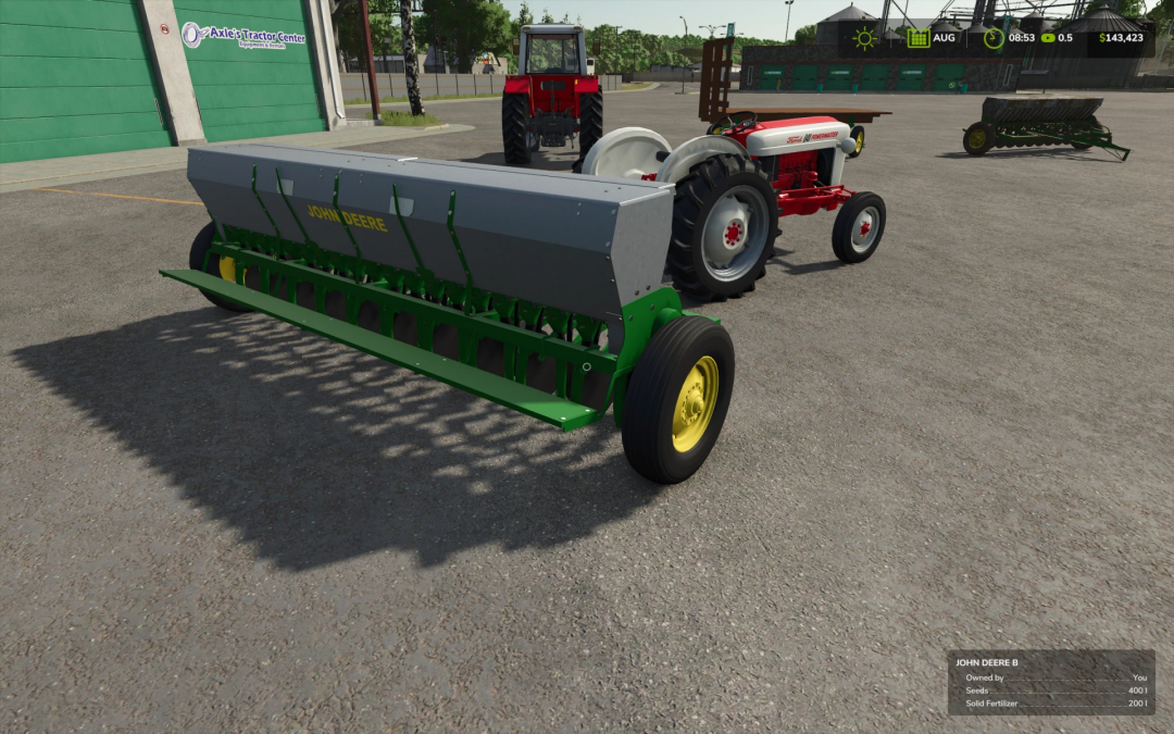 John Deere Van Brunt model B drill mod in FS25 near a tractor in a farm setting.