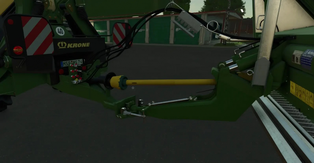 Close-up of Krone Big M 500 mod in FS25 showcasing hitch details and connection points.