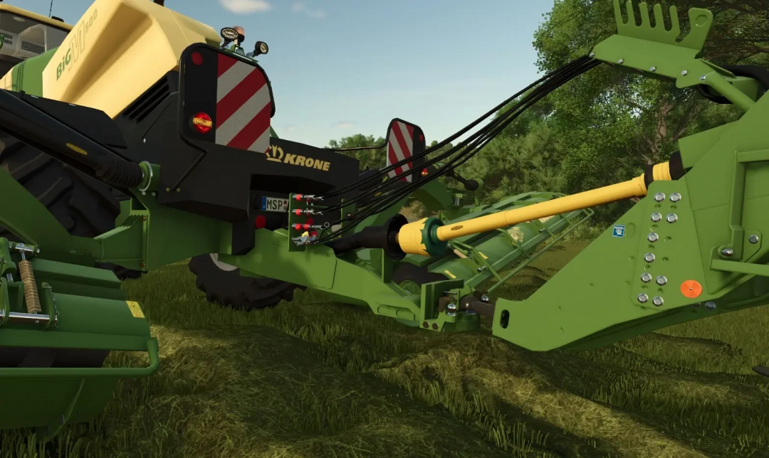 Close-up of Krone Big M 500 mower in Farming Simulator 25 mod version v1.1.0.0 showcasing realistic detail.