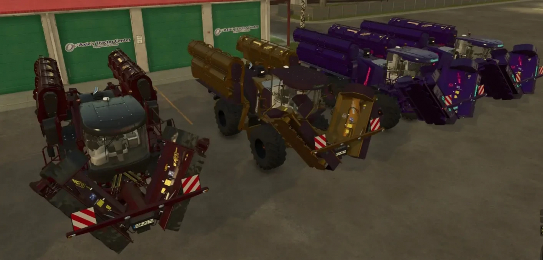 FS25 mods: Multiple Krone Big M 500 mowers in various colors at the shop, showcasing the Farming Simulator 25 mod version 1.1.0.0.