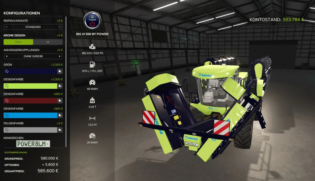 Krone Big M 500 v1.1.0.0 mod in Farming Simulator 25 showing customization options in a shed.