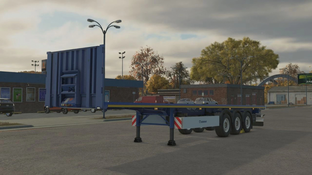 FS25 mod Krone Profi Liner HD v1.0.0.0, featuring a flatbed trailer in a parking lot setting.