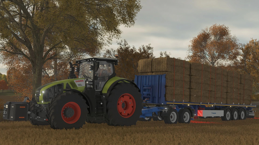 FS25 mod Krone Profi Liner HD v1.0.0.0, featuring a Claas tractor towing a trailer loaded with hay bales in a field setting.