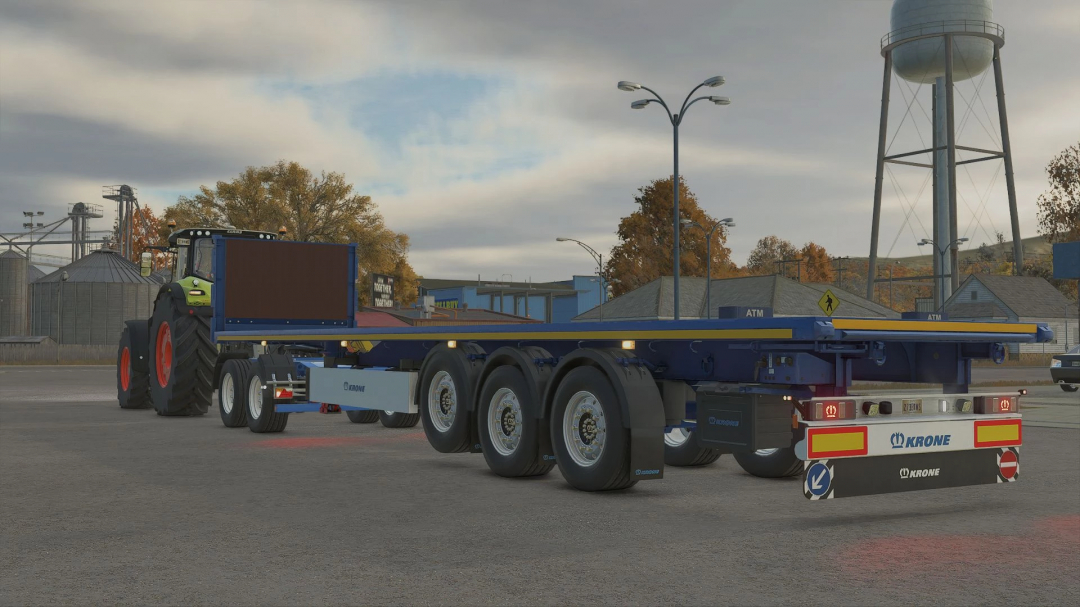 Krone Profi Liner HD mod in FS25, showcasing a detailed trailer and tractor setup in a farm setting.