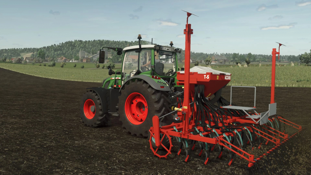 Kverneland TS-Drill v1.0.0.0 mod in Farming Simulator 25, attached to a tractor on a field.