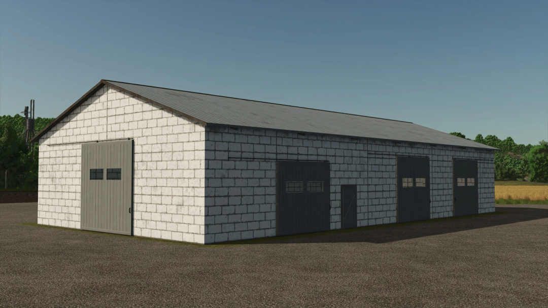 Large Shed For Machines mod in FS25, featuring a brick structure with multiple large doors, ideal for equipment storage.