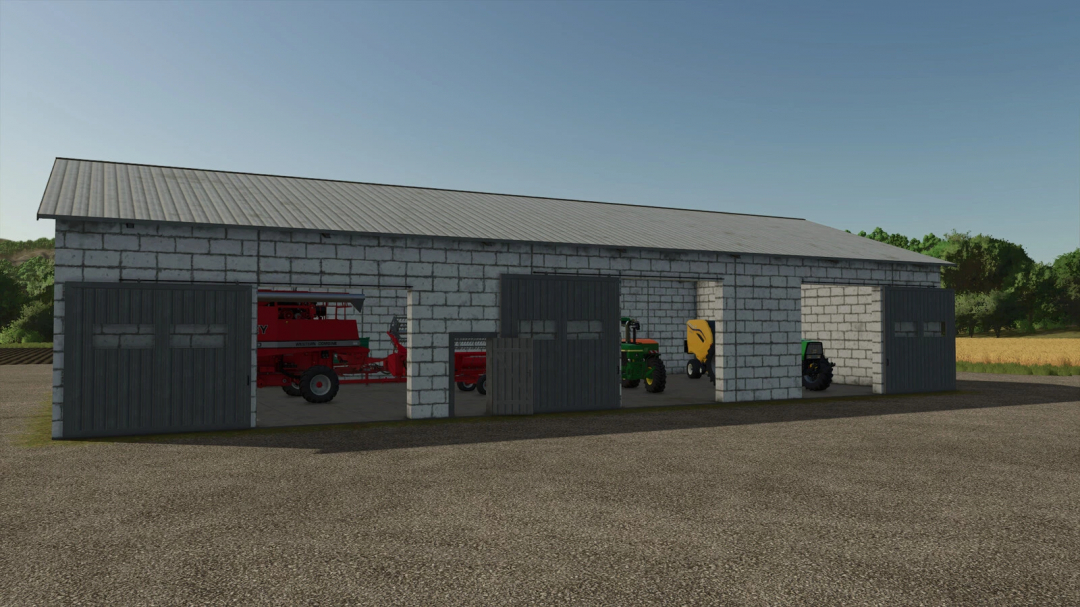 Large Shed For Machines mod in FS25, featuring farm equipment storage with tractors and machinery inside.