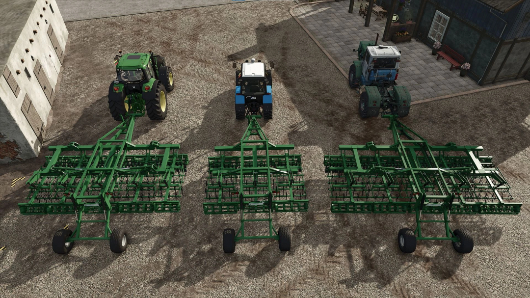 Three tractors with Laumetris KLG cultivators in FS25 mod showcase diverse farming equipment.