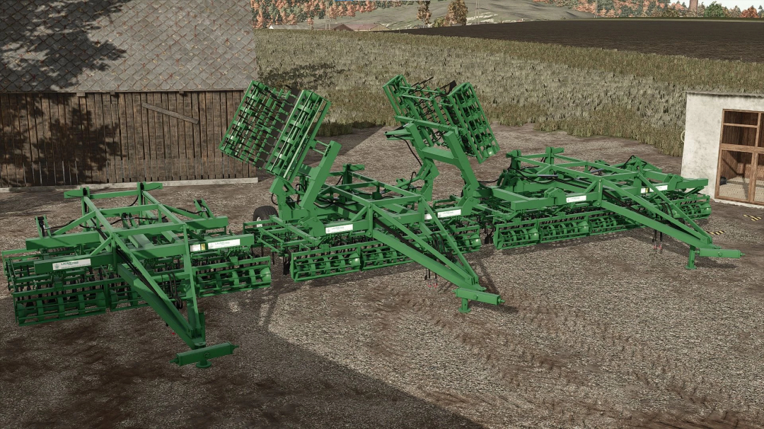 Laumetris KLG Pack v1.0.0.0 showcased in FS25. Green farming equipment parked on soil.