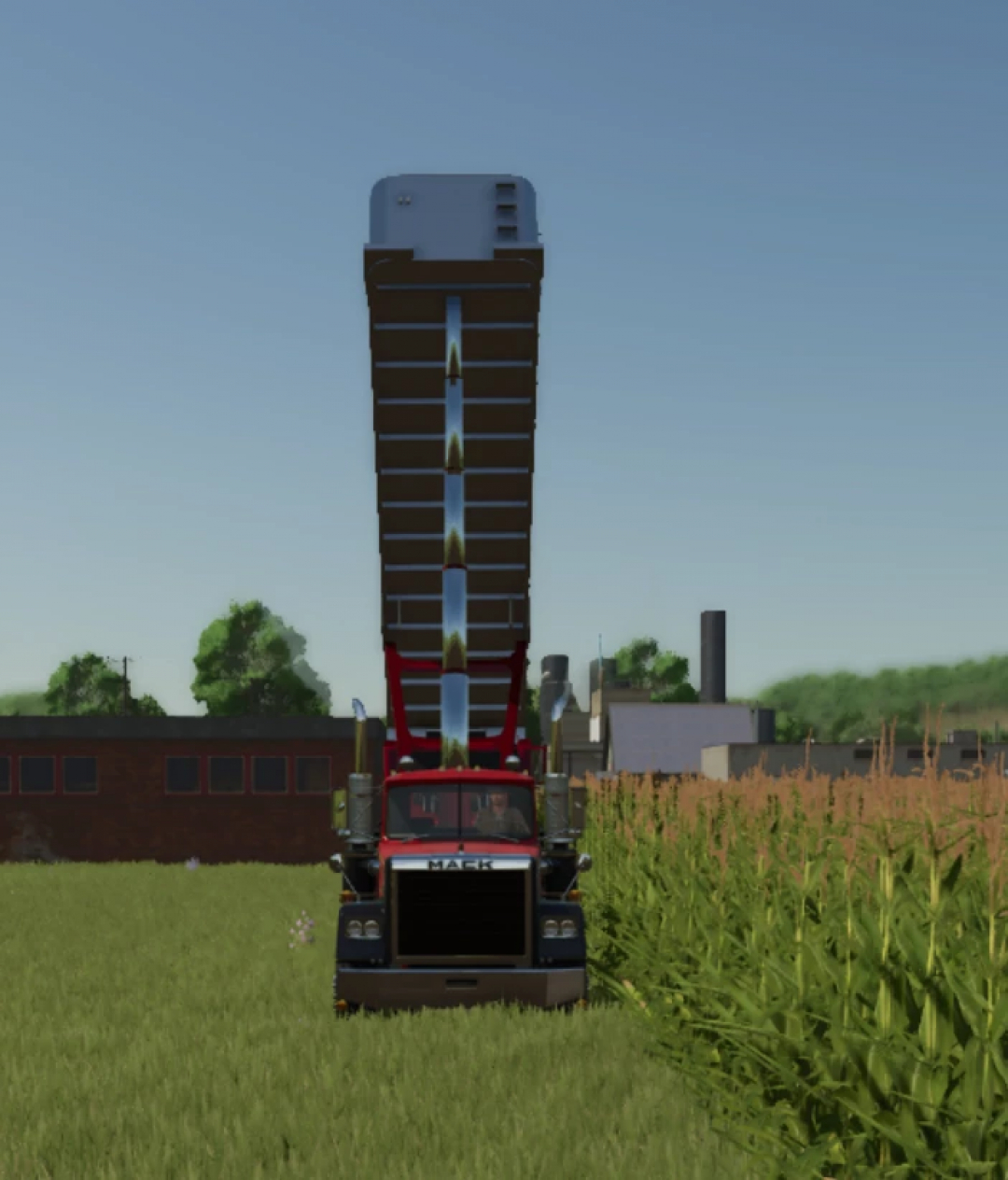 FS25 mod Lizard frameless end dump trailer raised for unloading in Farming Simulator 25.