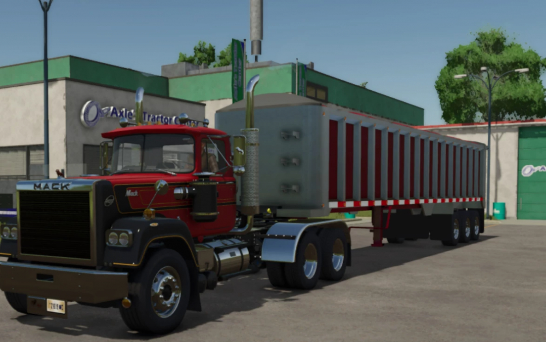 FS25 mod: Lizard frameless end dump trailer attached to a red truck in Farming Simulator 25 scene.