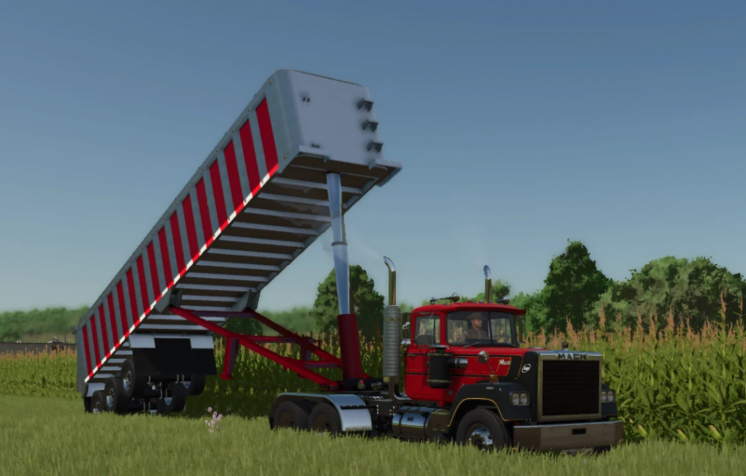 FS25 mods: Lizard frameless end dump truck in farm field, Farming Simulator 25.