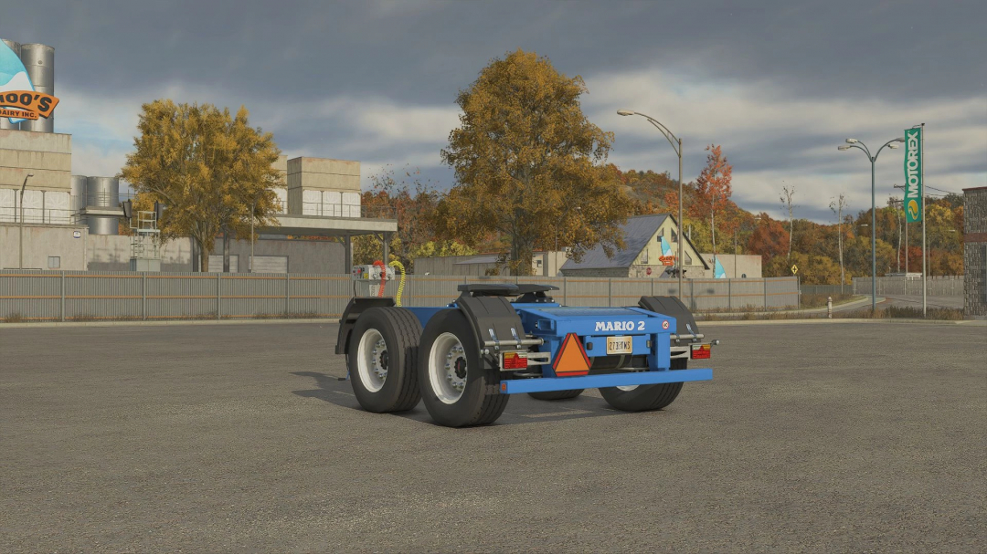 MEGA Mario 2 Dolly mod in Farming Simulator 25, showcasing a blue trailer in a rural setting.