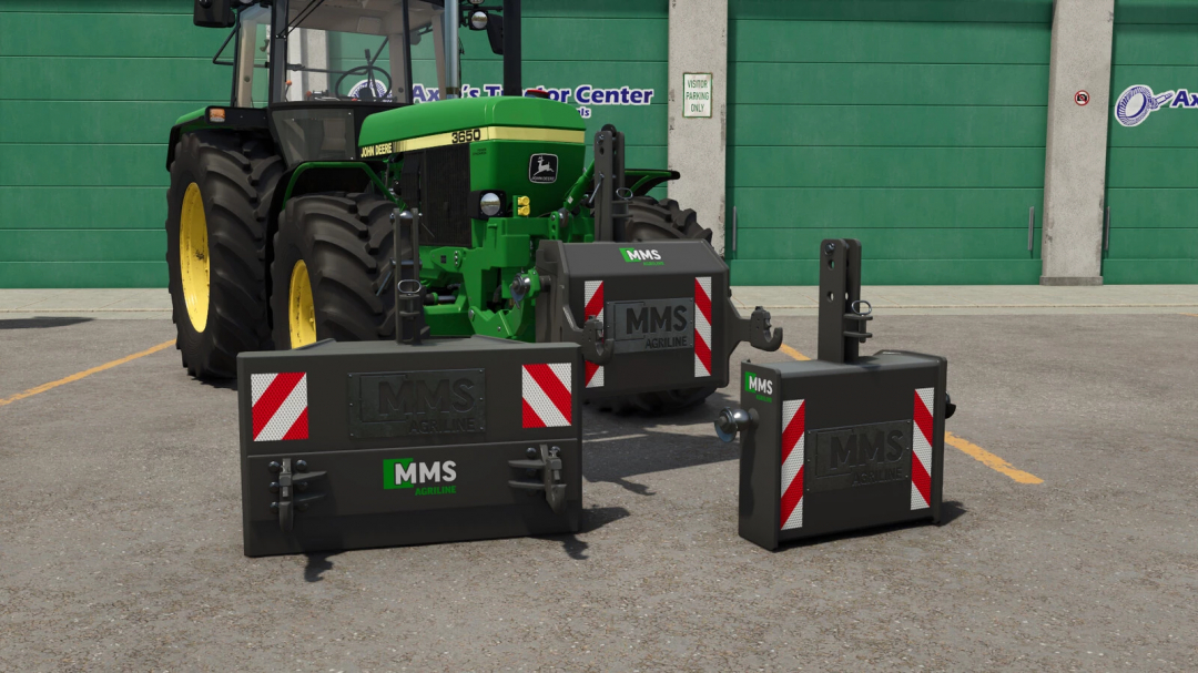 MMS Agriline Weight Pack mod for FS25 shown with a tractor at a farm center.