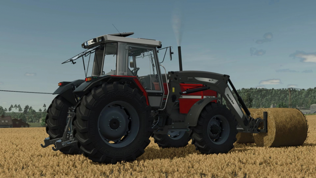 Massey Ferguson 3670 tractor mod by Miziuu in FS25, working in a field with hay bales.