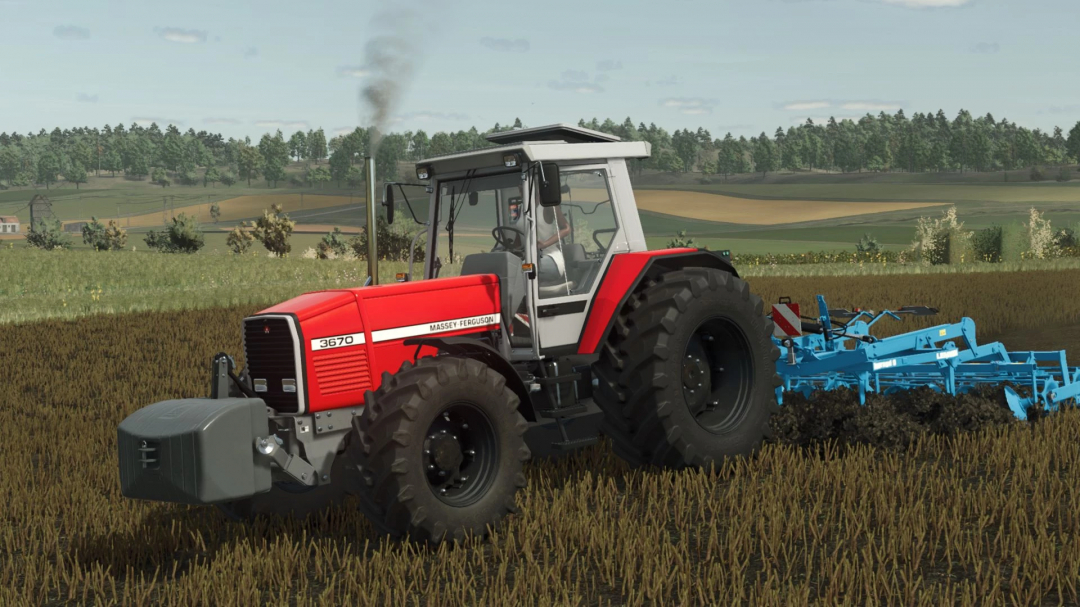 Massey Ferguson 3670 tractor mod in FS25, plowing a field with a blue plow attachment.