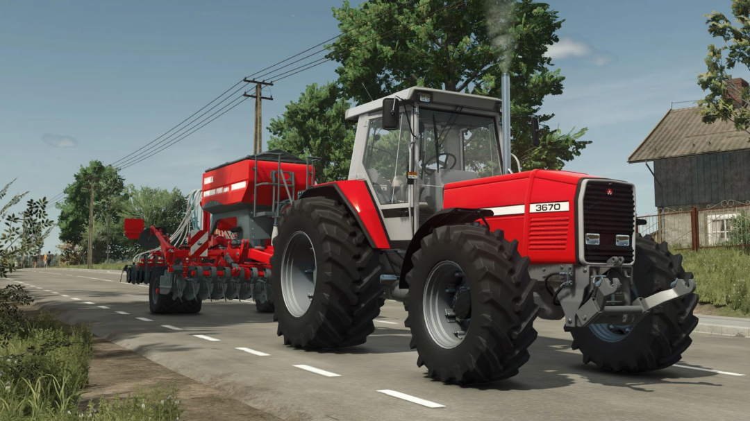 Massey Ferguson 3670 tractor mod in FS25, driving on a road. Farming Simulator 25 mods by Miziuu.