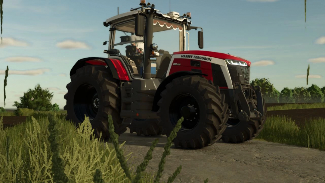 Massey Ferguson 8S tractor mod for FS25 on a field, featuring large tires and detailed design.