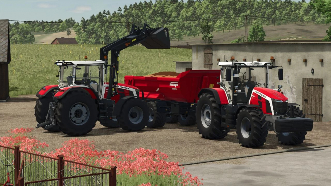 Two Massey Ferguson 8S tractors featured in FS25 mod, set in a farm environment with a red trailer.