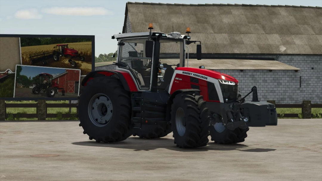 Massey Ferguson 8S tractor mod for FS25 parked on a farm, showcasing detailed design.