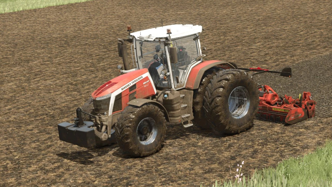 Massey Ferguson 8S tractor mod in FS25 plowing field.