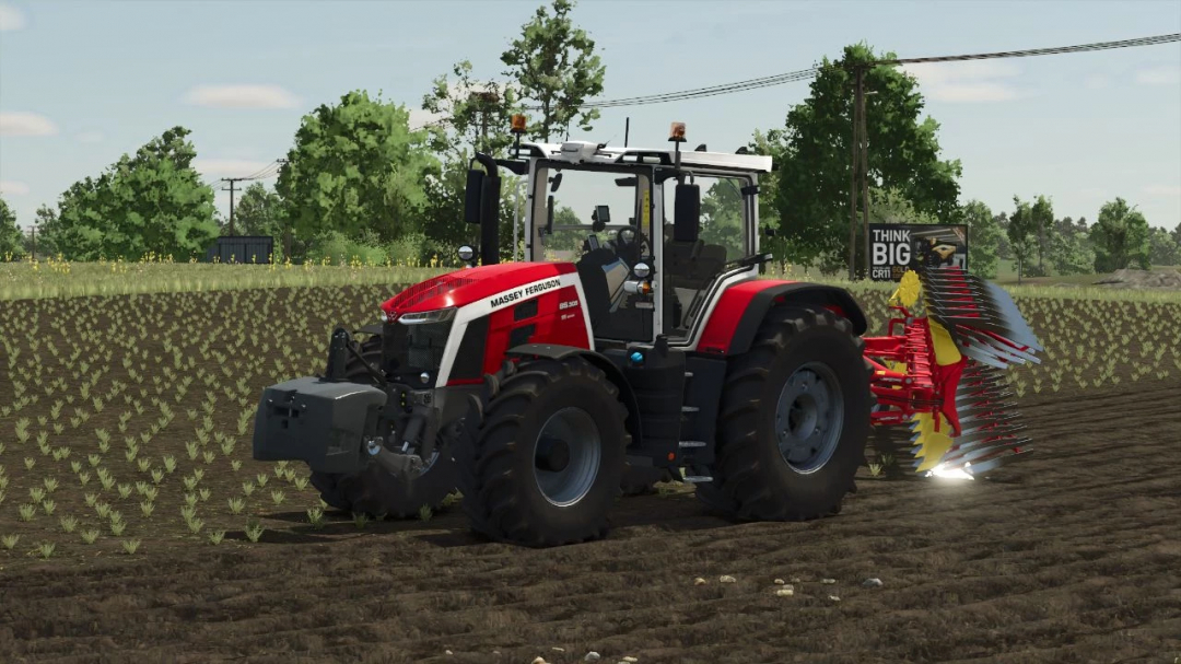 Massey Ferguson 8S tractor mod in FS25, plowing a field. Farming Simulator 25 mod version 1.0.0.0.