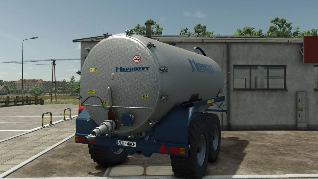 Meprozet PN 1 14000A trailer mod in FS25, Farming Simulator 25 mods, parked in front of a building.