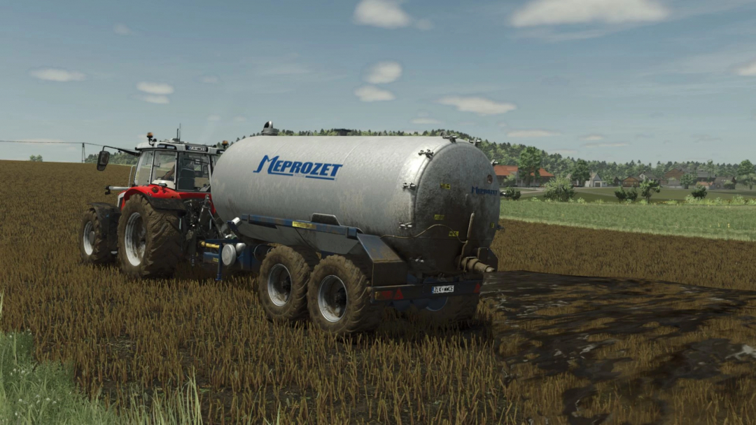 FS25 mod Meprozet PN 1 14000A trailer spreading slurry on a field in Farming Simulator 25.