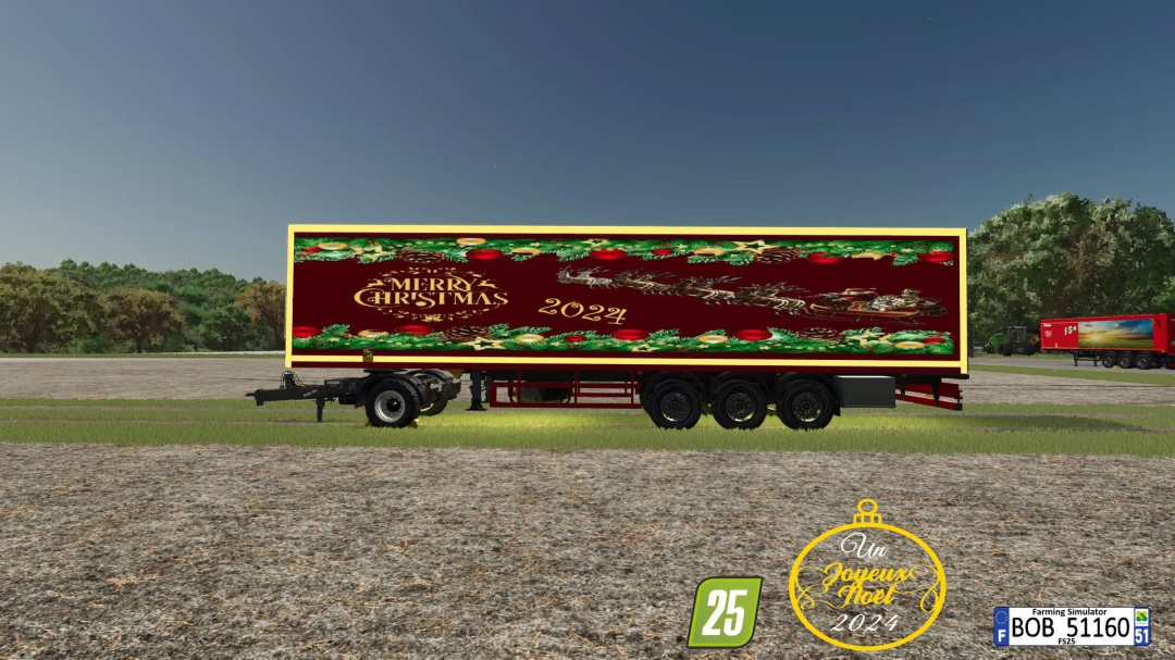 FS25 mod Merry Christmas Happy New Year Semi Trailer v1.0.0.0 with festive design in Farming Simulator 25.