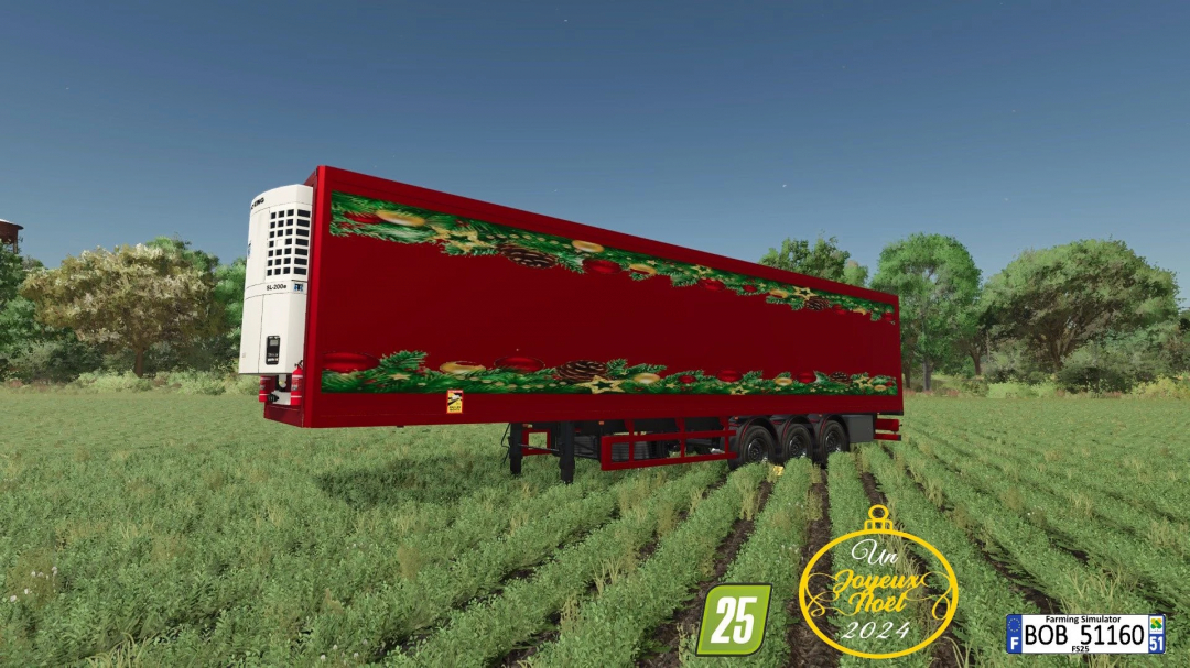 FS25 mod: Festive Merry Christmas Happy New Year semi-trailer v1.0.0.0, red design with holiday decorations, in a field setting.