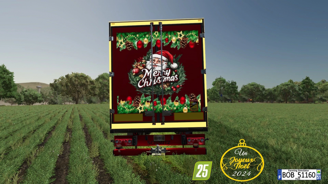 FS25 mod: Semi trailer with 'Merry Christmas' design in a field, Farming Simulator 25.