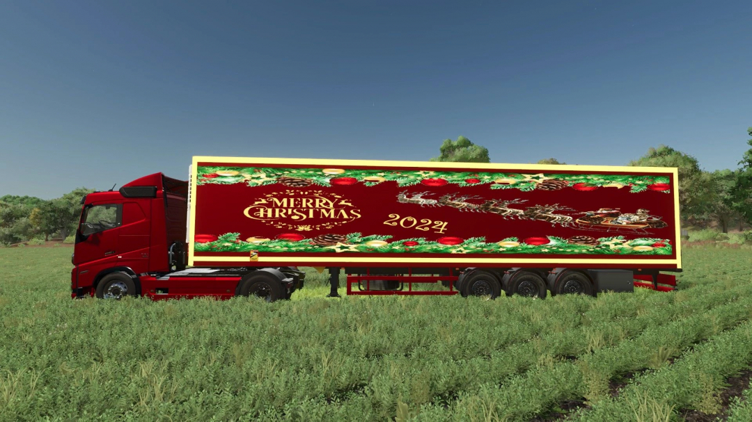 FS25 mod Merry Christmas Happy New Year Semi Trailer v1.0.0.0, featuring festive design on a red truck in Farming Simulator 25.